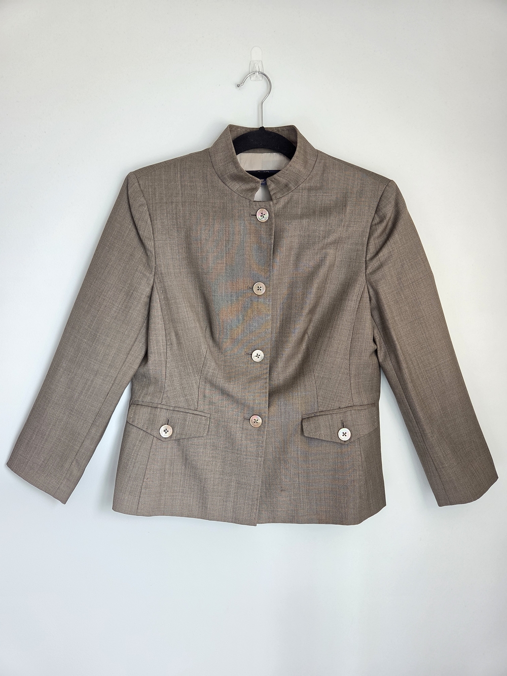 Vintage Brooks Brothers Taupe 100% Wool Blazer Jacket Size 8P Mandarin Collar